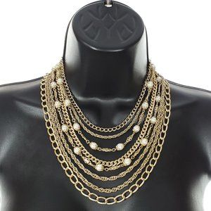 Gold Tone Statement Necklace Multi Chains Pearls
